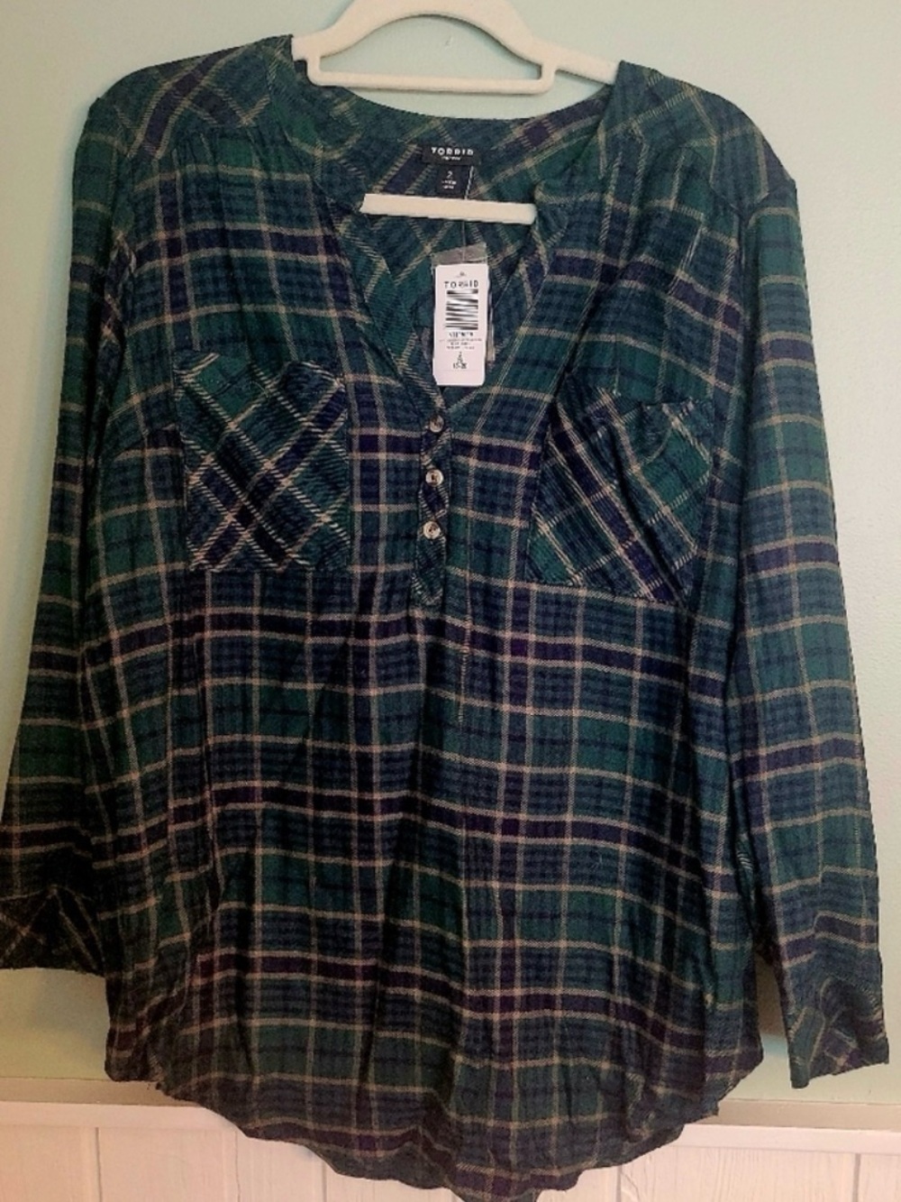 torrid Green Navy Plaid Button Henley Top - NWT